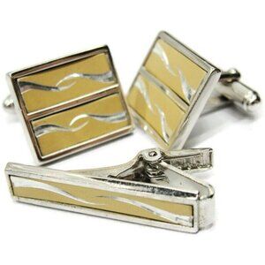 Anson Cufflinks Neck Tie Clip Set Two Tone Brushed Tux Shirt Dress Suit Vintage